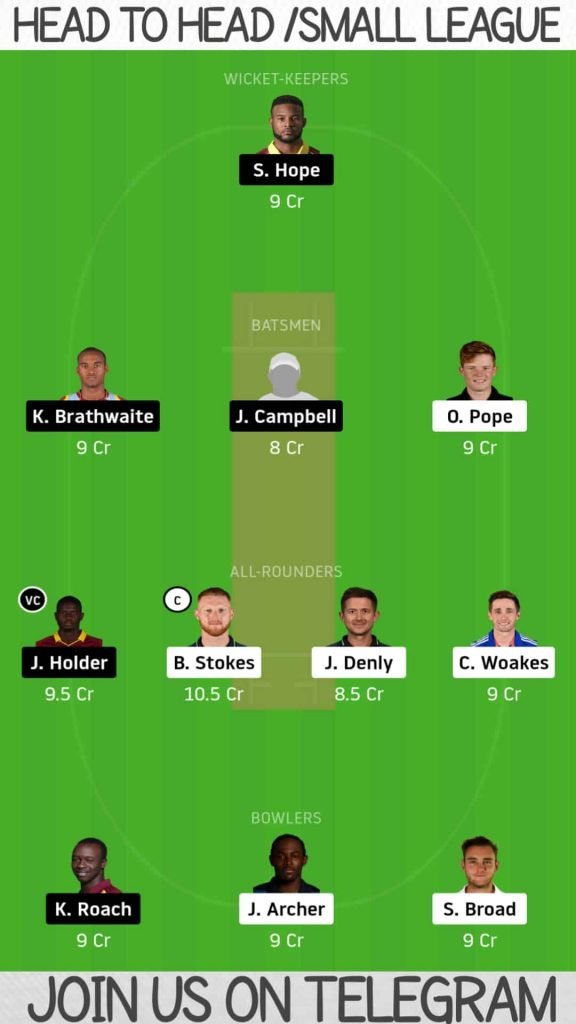 England vs West Indies,1st Test | Dream11 Today Match Prediction, Head To Head and Players Records